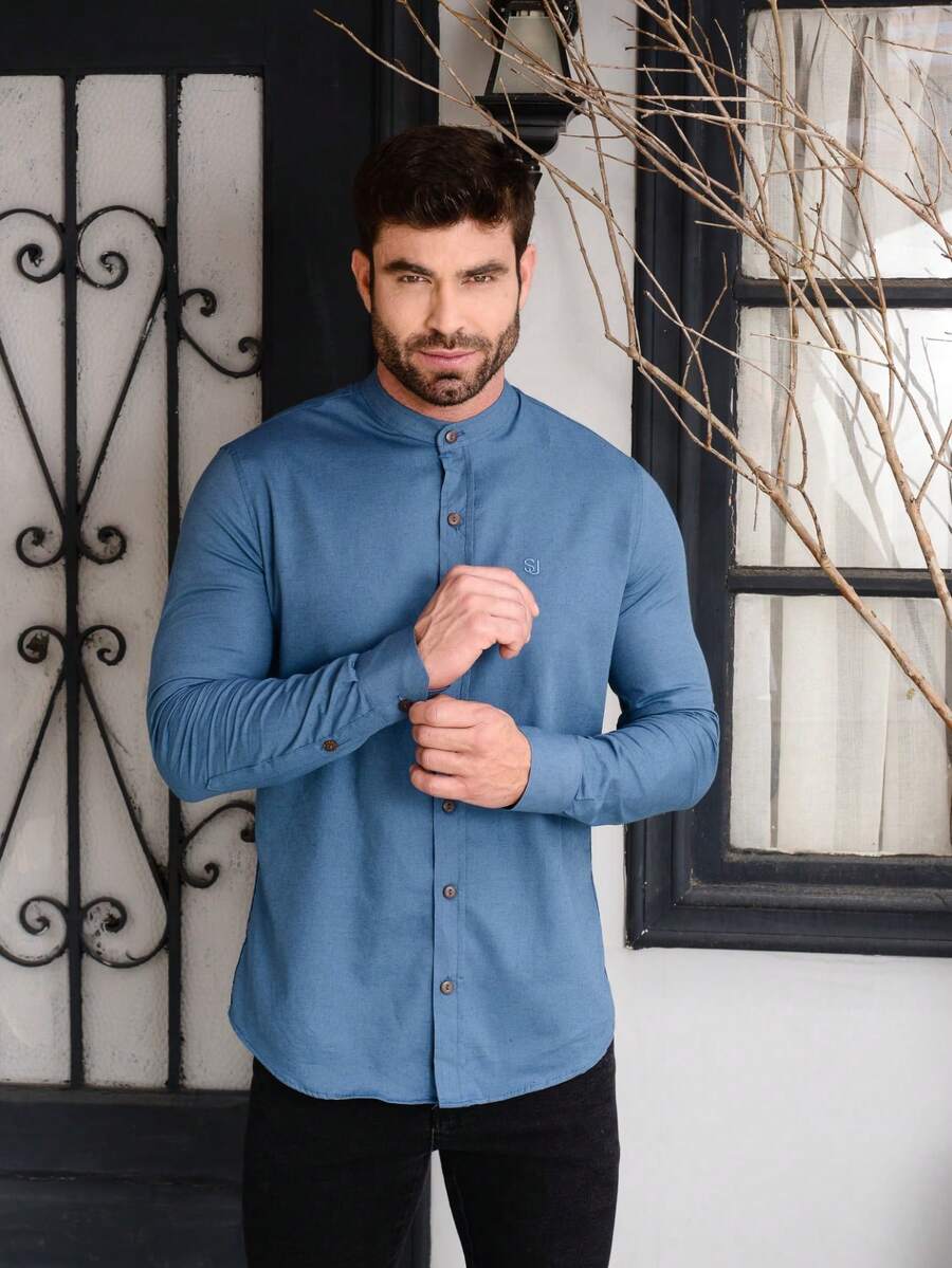 Men's Padre Collar Long Sleeve Shirt - Màu xanh ngọc - Xem 1