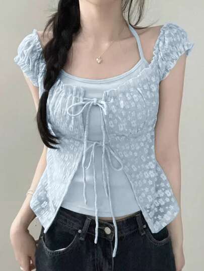 Chiffon Blouse Women Summer Korean Design Unique Lace Ditsy Floral 2 In 1 Halter Crop Short Sleeve Top