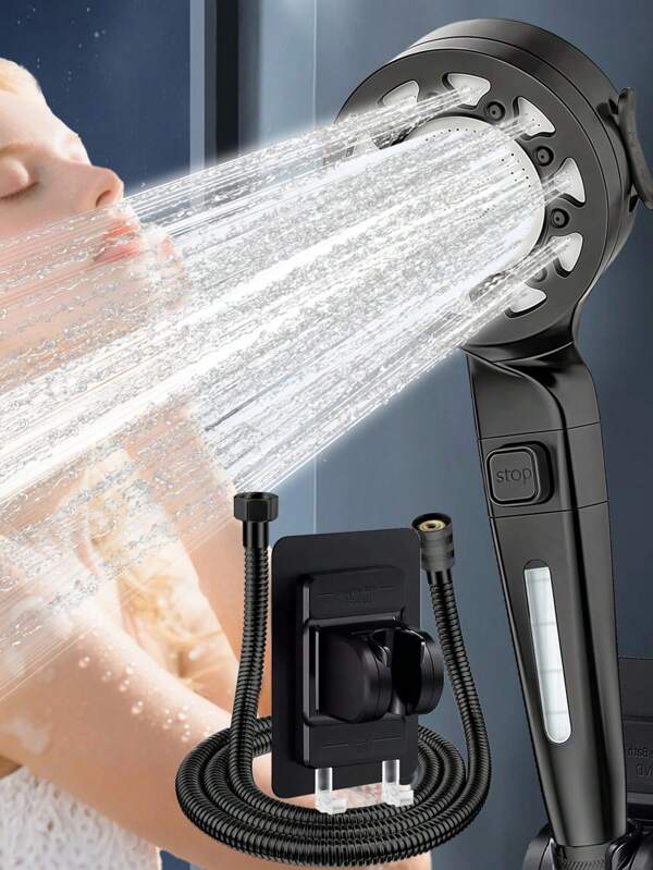 (Tête de douche unique/Ensemble de 3 pièces) Tête de douche réglable ABS à 5 réglages, tête de douche à main haute pression, tuyau de douche anti-explosion de 1,5 m, support de tête de douche sans perçage à double crochet, peut accrocher une éponge de toilette, une brosse à récurer, une serviette.