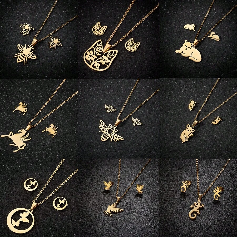 3 Stücke/Set, modische Edelstahl Halsketten-Set für Damen und Paare mit Tierelementen, geeignet für den täglichen Lässig-Stil