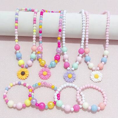 8pcs/Set Daisy Flower Charm Colorful Beaded Necklace & Bracelet Set, Suitable For Girls Daily Wear, Party, Birthday Gift, Random Color