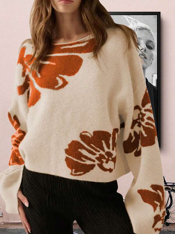 Women's Elegant Brown & White Abstract Print Sweater - Casual Crew Neck Pullover, Loose Fit, Suitable For Autumn/Winter, Perfect For Casual Outings, Dates, And Holiday Gatherings, Holiday Sweater | Abstract Print Top | Architectural Style