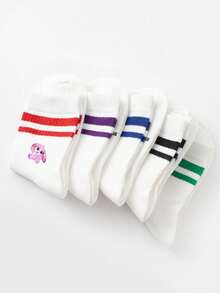 5 Pairs Kids Colorful Double Bar White Sports Mid-Calf Socks, Cute Cartoon Blue Rabbit & Tao Tao Pattern, Fashionable & Versatile, Skin-Friendly Soft Breathable Casual Sports Socks, Suitable For Back To School, Daily Wear, Holidays, Travel, Back To School Season - Multicolor - View 5