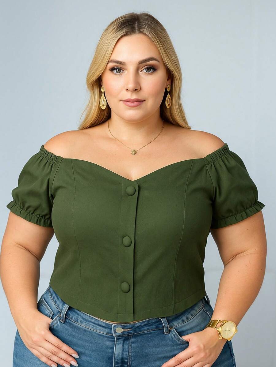 PLUS SIZE BLOUSE BEGALINE ELASTANE CIGANINHA LOOK PLUS SIZE 44 To 52 - Army Green - View 1