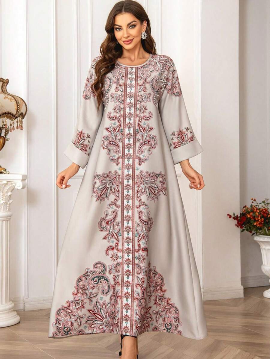 女士印花圆领钻石和珍珠装饰长袖 Jalabiya 连衣裙，优雅大方 - 2406-3 - 查看 1