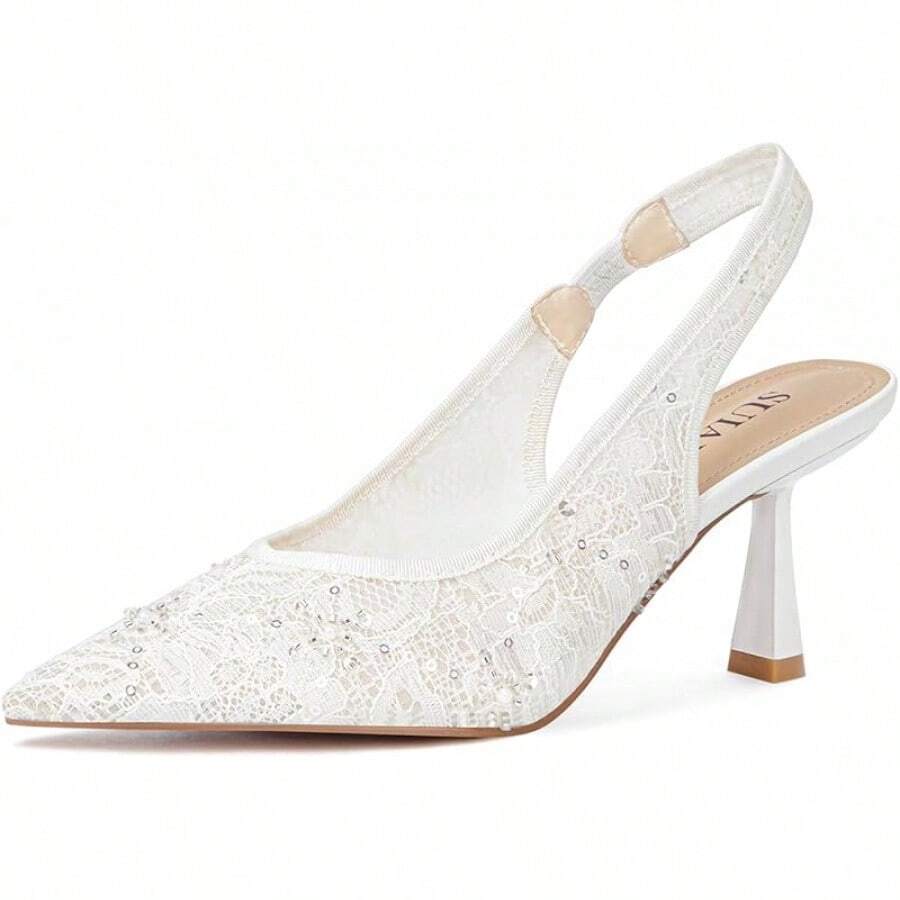 Slingback Wedding Heels For Women Bridal Lace Mesh Kitten Heel Closed Pointed Toe Pearl Pumps Shoeshalloween - White Lace - View 1