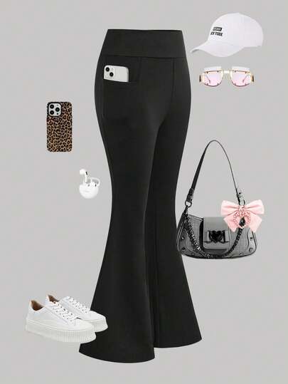 Slim-Fit Trousers For Young Girls, Black High-Waisted Elastic Leisure Yoga Pants With Pockets, Casual Bell-Bottom Sports Trousers.