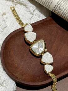 1pc Women's Gold-Tone Alloy Asymmetric Bracelet Watch, Fashion Arabic Numeral Dial, Quartz Movement, Adjustable Strap, Suitable For Daily Wear And Holiday Gifts - White - View 5