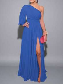 Vestido Formal  Liso    Fiesta  Elegante  Casual  Sexy    Abertura alta    Ideal Para  Formal y de Noche Oficina  Boda Estilo Romántico De San Valentín - Azul Rey - Ver 3