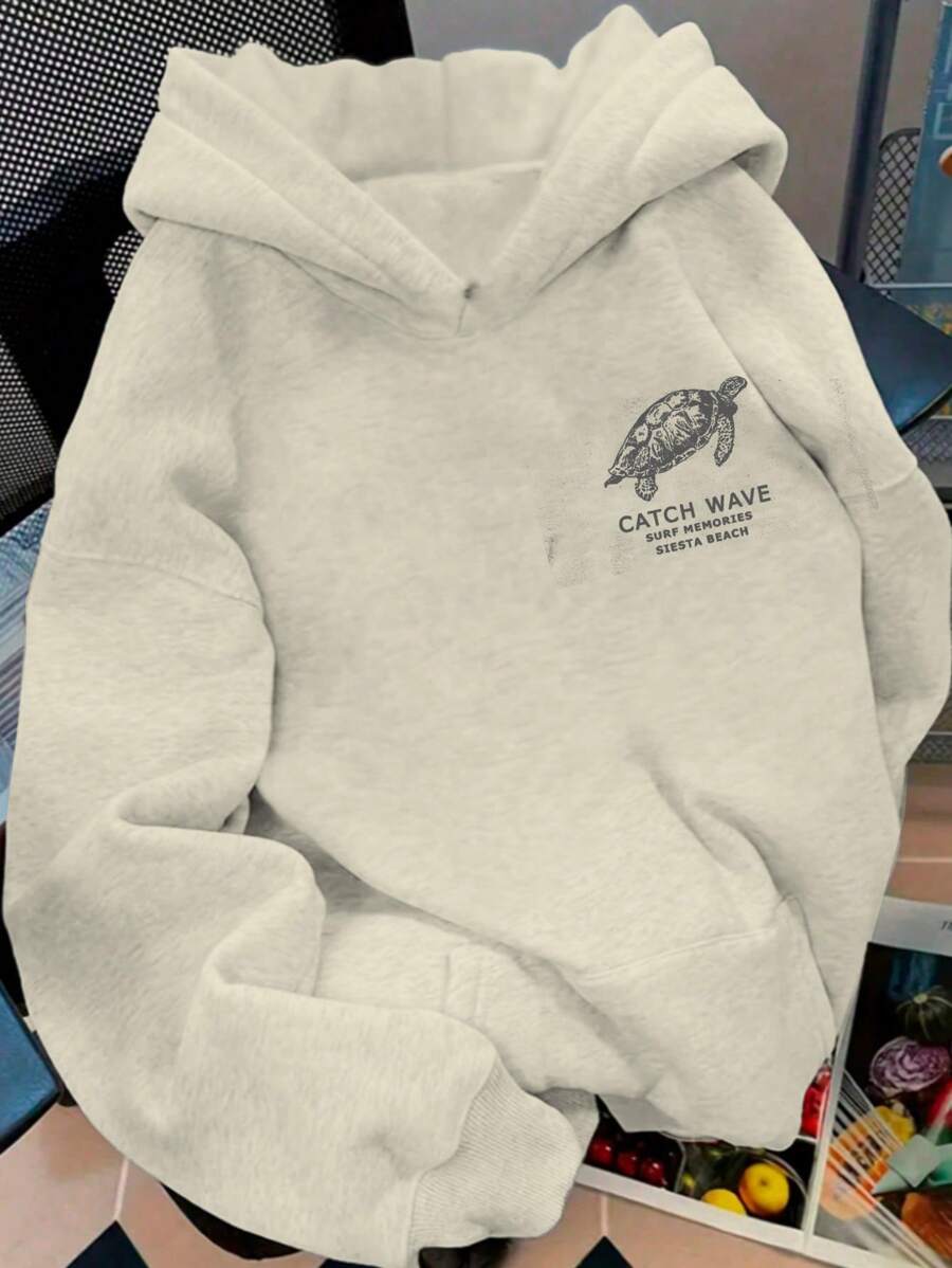 Sudadera Con Gorro Bolsa Estampado Malibu Tortuga  Manga Larga Mujer - Albaricoque - Ver 1