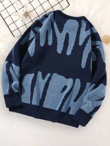 1件青少年男童复古休闲拼接柔软保暖套头针织毛衣，适合春、秋、冬季穿着