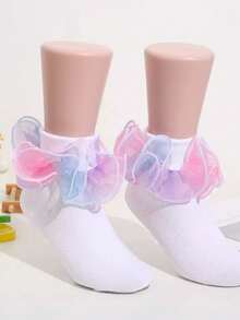 1 Pair Girls' Ruffle Trim Socks, Princess Baby Dance Rainbow Lace Socks - Multicolor - View 25