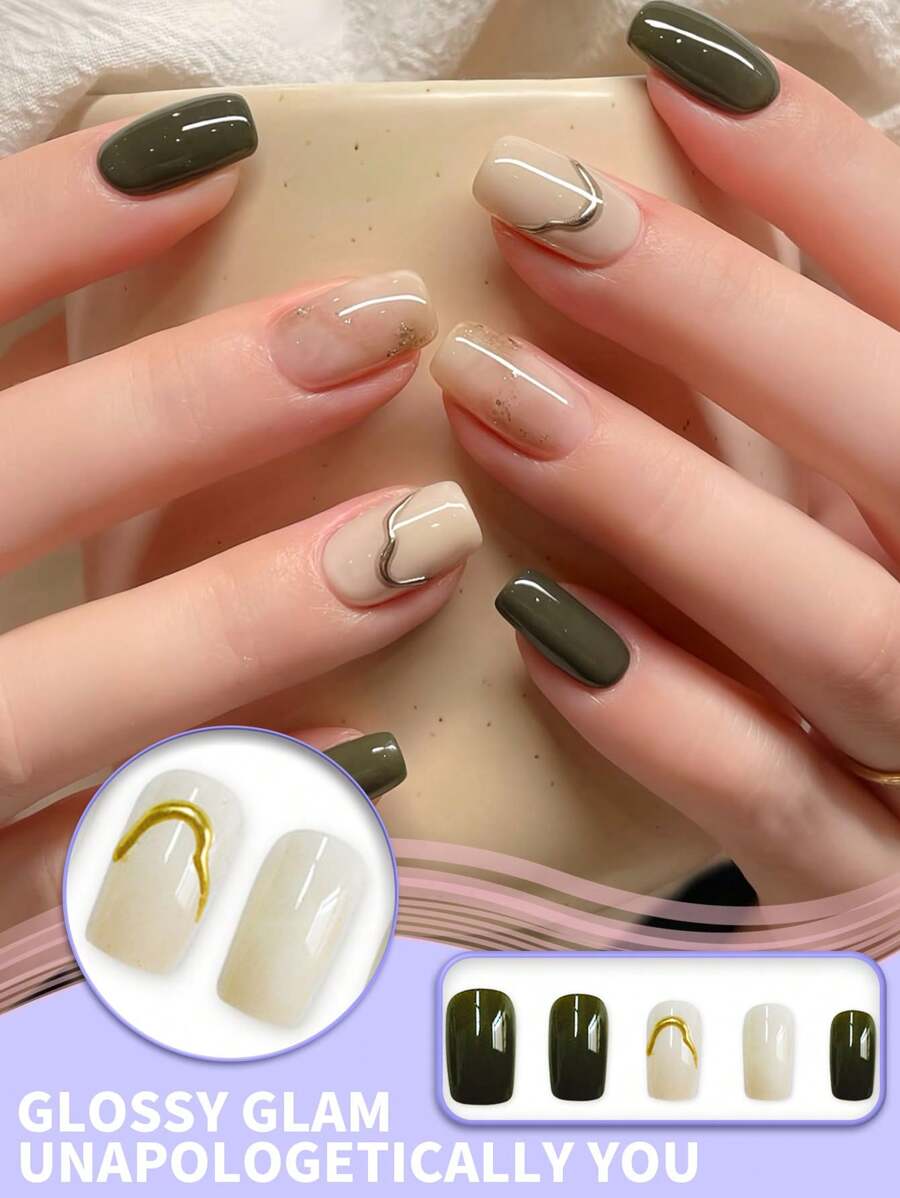 24片短款方形亮面多色按压指甲，俏皮法式指尖，粉色、绿色、白色、黄色和奶牛印花图案，点缀凸起圆点纹理和字母细节。佩戴舒适，易于涂抹，持久亮泽，包含粘扣和指甲锉，适合派对、角色扮演和日常穿着。