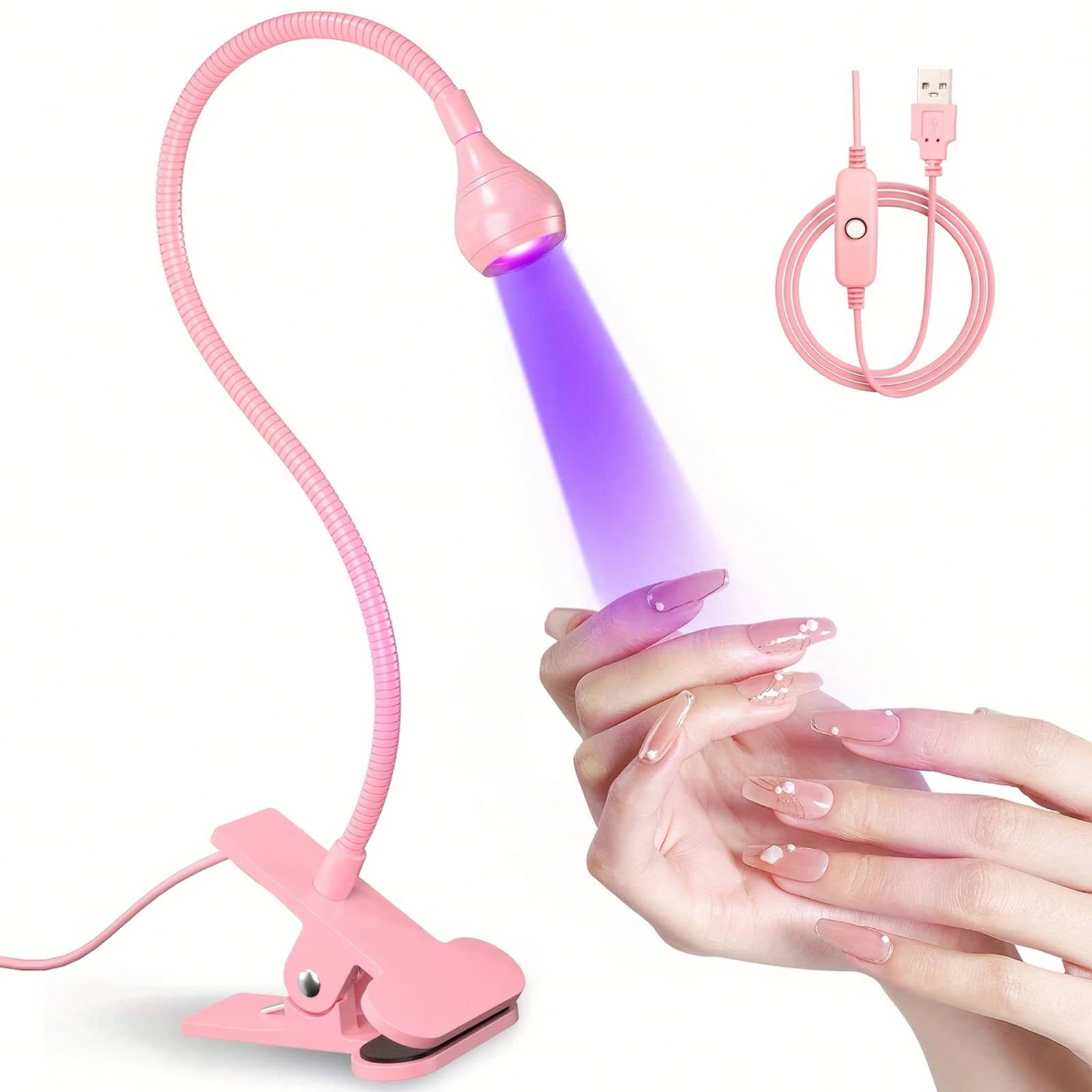 UV Glue Curing Lamp – 4-Level Dimming Clip Light With Purple/Ultraviolet Light | Portable Nail & Craft Adhesive Dryer In Silvery Pink & Black | Professional-Grade For DIY, Nail Art & Repairs - Pink - View 1