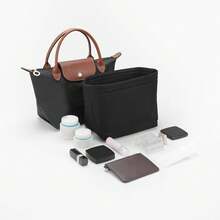 毛毡手提包收纳内胆，多口袋毛毡托特包收纳袋，带拉链、杯架和纽扣，返校用品 - 黑色 - 查看 2