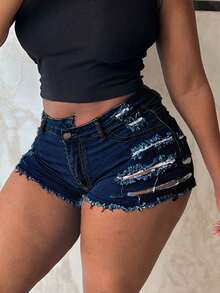 Women's Mid Rise Light Wash Denim Shorts - Distressed Ripped Frayed Hem Casual Shorts For Women Daily & Summer Wear - Dark Wash - View 5