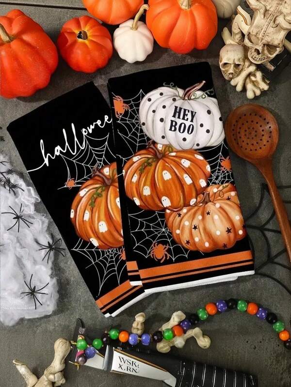 1/2 件万圣节厨房洗碗巾，幽灵南瓜和蜘蛛网设计，黑色带橙色和白色点缀，非常适合烹饪、烘焙和派对用品，派对装饰 | 幽灵主题，秋季装饰，秋季装饰，房间装饰