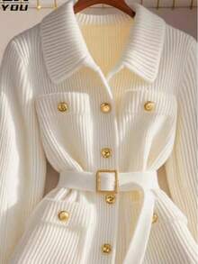 带腰带和纽扣的开衫，适合秋冬、日常、旅行、约会的时尚通勤装