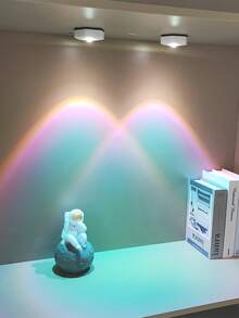 1pc Vibrant Color Changing LED Wall Light - White Hexagon Cat Eye Design, Rainbow & Sunset Projection, Dimmable, Battery Powered (3xAAA), Modern Standalone Kitchen, Bathroom Or Living Room Decor, Kitchen Lighting | Modern Wall Lamp | Plastic Structure, LED Illumination