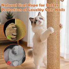1 Piece Solid Wood Cat Tree, Natural Style With Scratching Post, Scratcher & Teaser Wand All-In-One Design For Cats' Home Self-Entertainment & Claw Grinding - Multicolor - View 4
