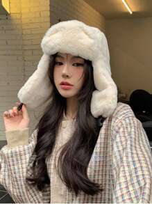 1pc Unisex Winter Warm Trapper Hat, Outdoor Rabbit Fur Fashion Casual Earmuff Hat, Windproof Cycling Cap, Black Brimless Beanie Winter Outfits Fall