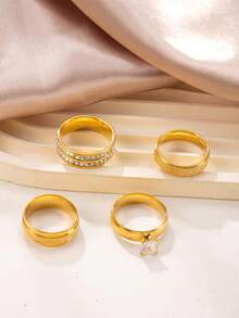 4/5pcs Fashionable & Elegant Stainless Steel Gold-Tone Women Rhinestone Ring Set, Suitable For Daily Wear, Festivals, Dates, Engagements, Weddings, Gift For Lover, Friend, Family - Gold - View 3