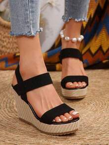 Women's Wedge Heel Platform Sandals, Plus Size, Cross-Border, Espadrille Waterproof Platform, Fashionable Slip-On High Heel Sandals With Chunky Sole - 黑色 - 查看 3
