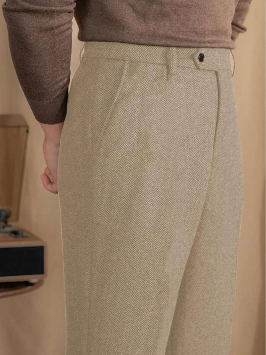 Mens Pants Wool Tweed Herringbone Vintage Dress Pant Trousers Regular Fit Suit Pants For Men - 香檳色 - 查看 1