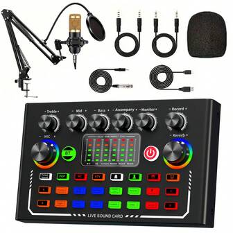 Podcast Equipment Bundle, Audio Interface With Voice Changer And BM800 Condenser Microphone, Audio Mixer Perfect For Recording, Broadcasting, Live Streaming,