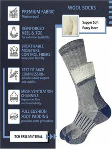 3 Pairs Merino Wool Hiking Socks, Crew Neck Winter Boot Socks, Unisex