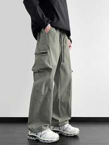 男士宽松工装裤，拉链口袋和侧抽绳腰部，男士秋季户外服装，男士多口袋抽绳腰部直筒休闲裤，返校 - 橄欖綠 - 查看 1