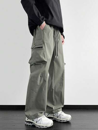 男士宽松工装裤，拉链口袋和侧抽绳腰部，男士秋季户外服装，男士多口袋抽绳腰部直筒休闲裤，返校