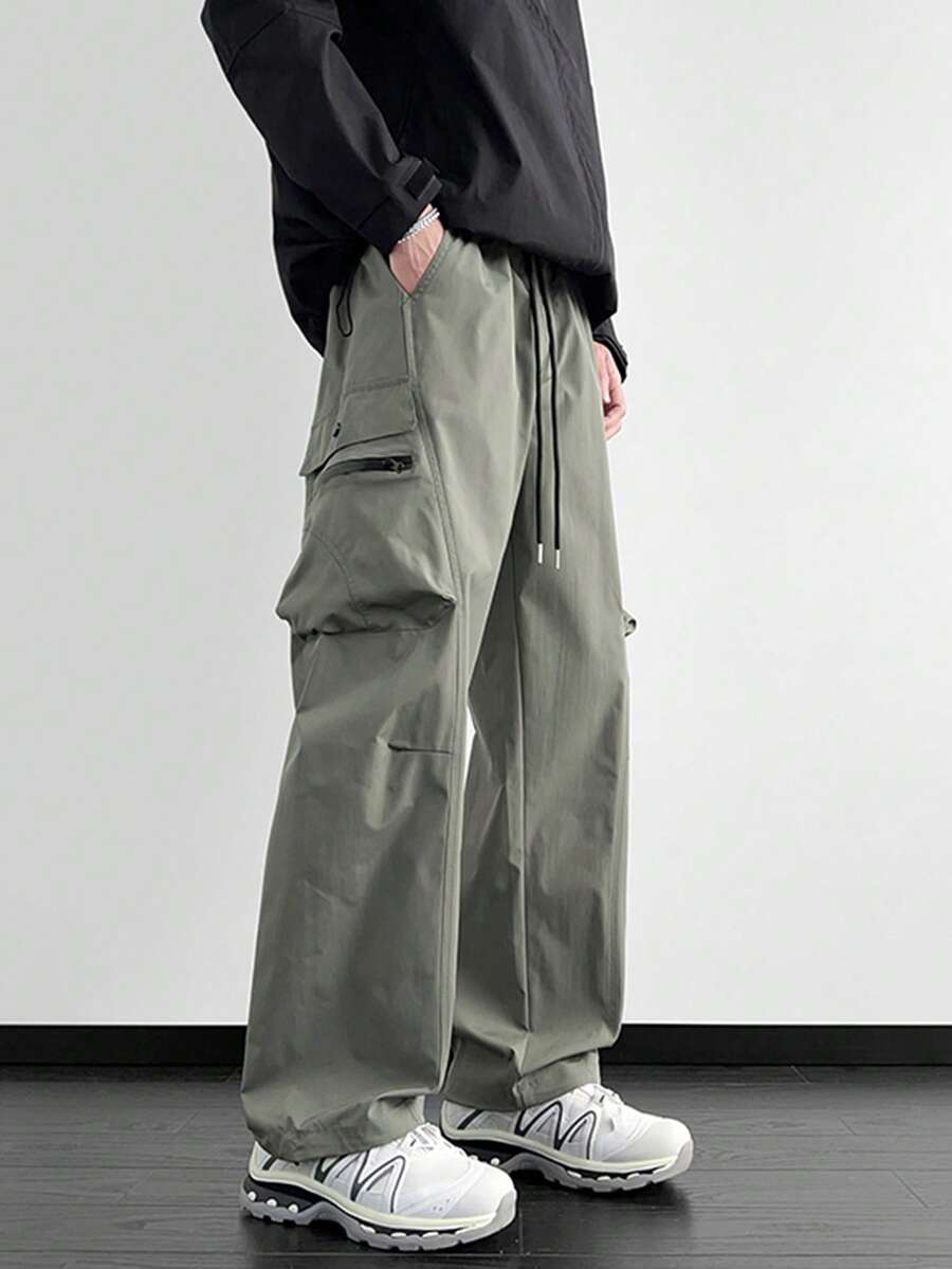 男士宽松工装裤，拉链口袋和侧抽绳腰部，男士秋季户外服装，男士多口袋抽绳腰部直筒休闲裤，返校 - 橄欖綠 - 查看 1