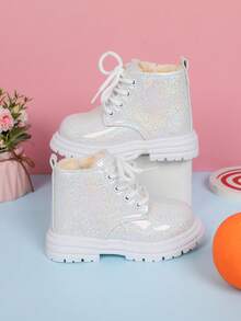 1 双男女款经典圆头闪亮 PU 公主靴，前系带，侧拉链，中筒，厚底，保暖衬里，适合冬季 - 白色 - 查看 6