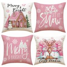 4pcs Christmas Theme Pillow Covers, Pink Letter Print Snowman & Reindeer Pattern, Farmhouse Style Polyester Fabric Zippered Single-Sided Print Cushion Covers, Pillow Inserts Not Included, Winter, Christmas Holiday Home Decor, Suitable For Sofa, Bed, Chair, Bedroom, Living Room, Patio Decoration