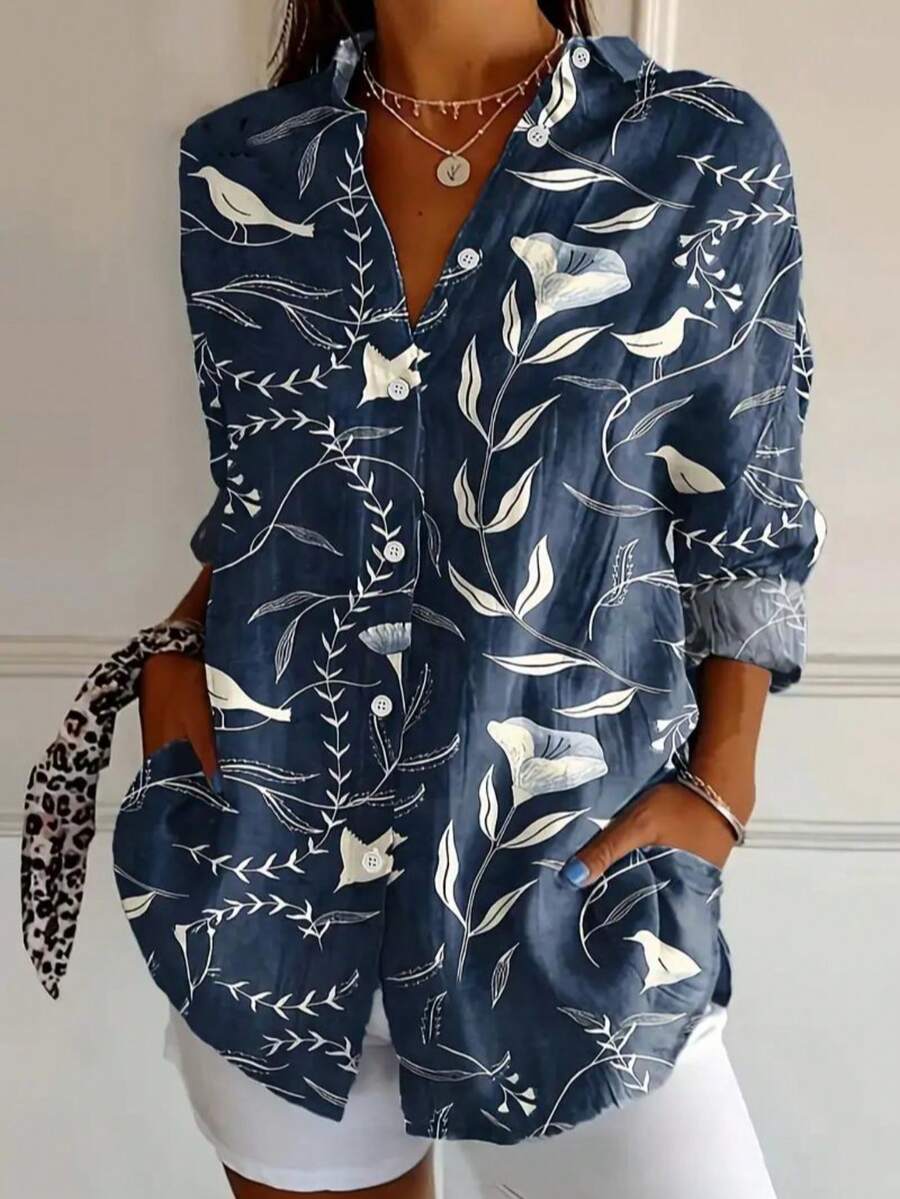 Chemise décontractée à manches longues avec boutons et imprimé floral bleu marine pour femmes grandes tailles, nouveau style européen et américain pour le printemps/automne - Multicolore - Voir 1