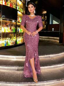 CHOSMO New Style Solid Metallic Shiny Elegant Sequin Front Short Back Long Women's Dress, Suitable For Evening Date, Wedding, Party, Anniversary, Formal Gala, Ceremony, Wedding Guest, Graduation, Recital, Stage And Concert, Fourth Quarter, Valentine's Day - Coral Pink - View 5