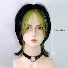 Synthetic Short Black Gradient Green Straight Wigs With Green Middle Spilt Bangs For Women Cosplay Lolita Carnival Party Fake Hair