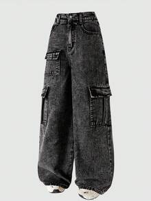 青少年男童休闲工装阔腿纽扣口袋牛仔裤