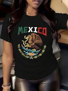 Women's Casual Short Sleeve T-Shirt, Mexico Eagle & Cactus Print, Round Neck, Sporty Everyday Top, Spring & Summer Collection 220g - 黑色 - 查看 1