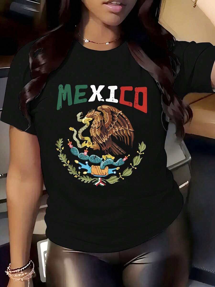 Women's Casual Short Sleeve T-Shirt, Mexico Eagle & Cactus Print, Round Neck, Sporty Everyday Top, Spring & Summer Collection 220g - 黑色 - 查看 1