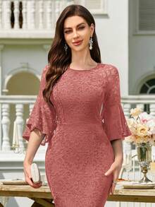 对比色花卉蕾丝荷叶边袖紧身连衣裙，优雅鸡尾酒半正式舞会礼服，适合生日、婚礼嘉宾、毕业典礼、晚宴、返校节派对礼服