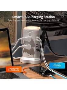 PASSUS Surge Protector Power Panel Tower With 5 USB Ports And Night Light, 10ft Extension Cord With 12 AC Multi-Outlets, PASSUS Power Tower, Home Office Dorm Room Overload Protection (2 Packs - White + Black)