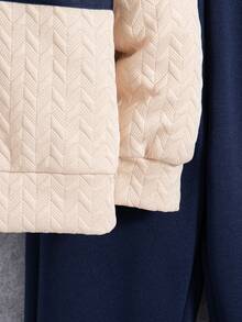 两件套男童休闲刺绣设计修身半拉链长袖卫衣裤套装，保暖连帽衫和长裤，秋冬季 - 杏色 - 查看 7