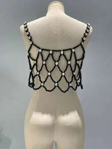 1pc Handmade Beaded Hollow Faux Pearl & Rhinestone Boho Style Necklace Chain Jewelry Accessory For Women, Suitable For Dates, Weddings, Parties, Summer Beach Vacation And Daily Wear