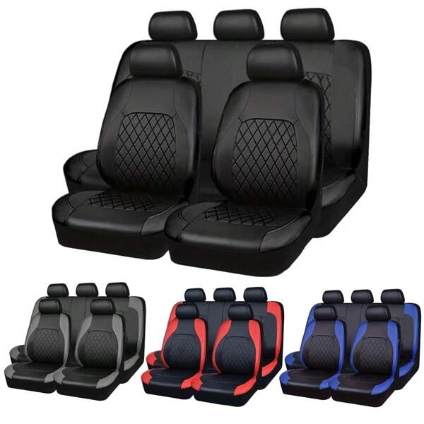 5 Seat / 2 Seat Quilted Leather PVC Car Seat Cover Set, Suitable For Mid-Size & Small Vehicles, All Season