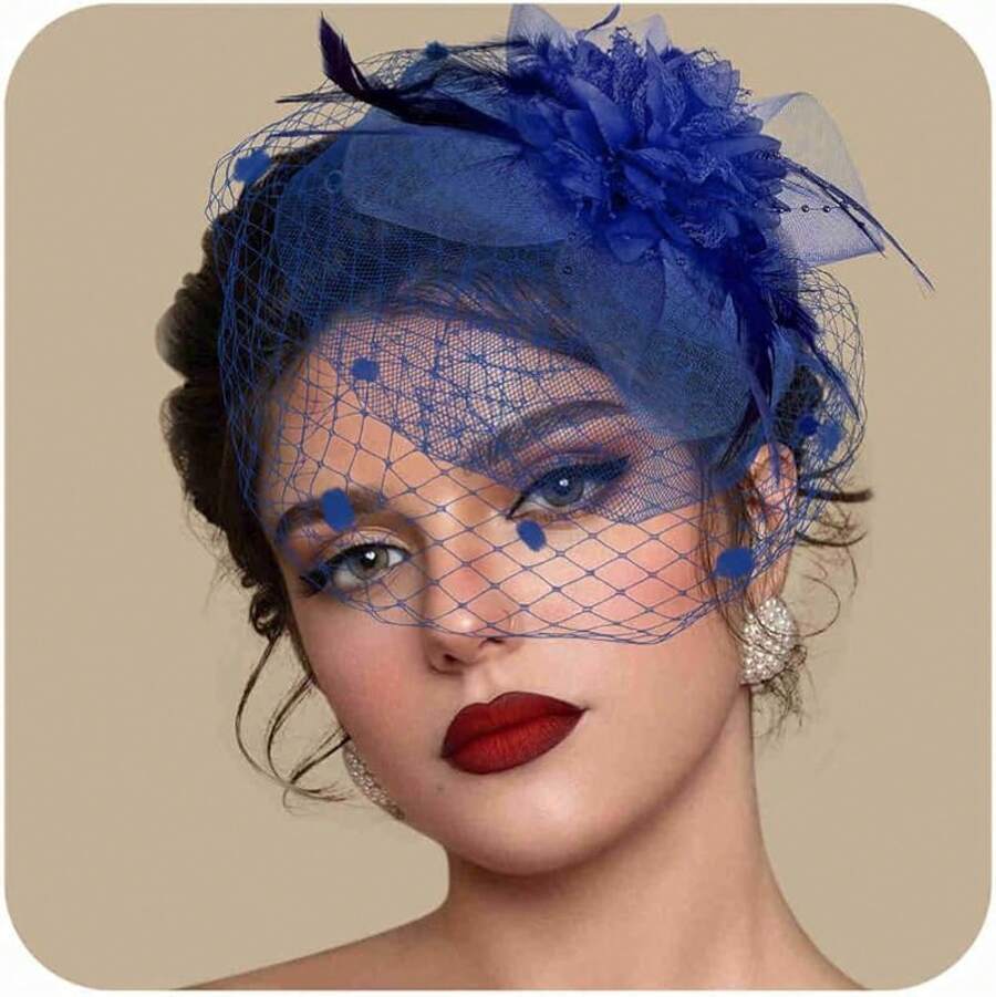 Fascinators Hats Women Tea Party Hat Mesh Headband Vintage Lace Cocktail Headwear Hair Clip Church - 藍色 - 查看 1