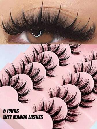 Asiteo 5 Pairs Wet Manga Lashes Cosplay Natural Wispy Fairy Cross Fluffy Eyelash Extensions Makeup Tool