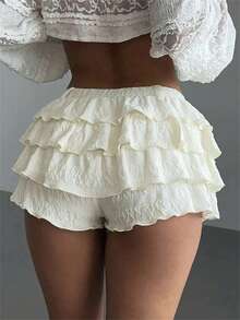 Mini Ruffle Shorts For Women Y2k Bloomers Shorts Elastic Waist Tiered Micro Shorts Casual Mini Skort Low Rise Booty Shorts Going Out Shorts - 白色 - 查看 7
