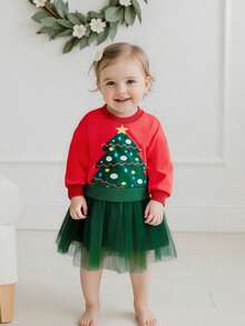Conjunto de 2 piezas de sudadera de manga larga y falda de malla con estampado de árbol de Navidad para niña pequeña - Rojo - Ver 5